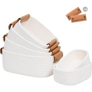 Degeyoyo Storage Basket Set of 6 - 4 with Leather Handle & 2 Small Gift Baskets - Woven Storage Cotton Rope Basket for Organizing, Rectangle Bins for Shelves, Nursery, Dog Toy, Bathroom
