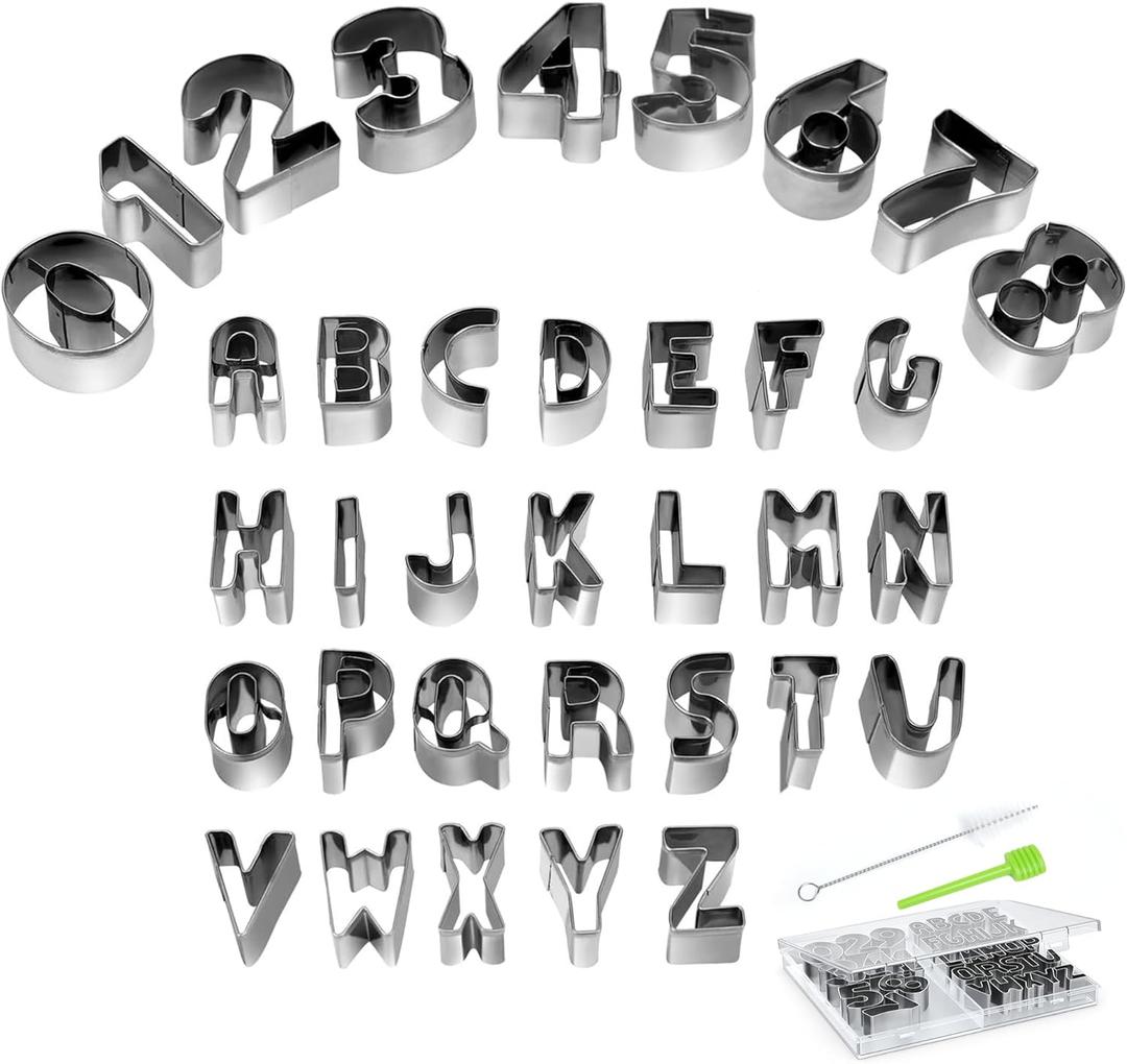 Alphabet & Number Cookie Cutters Sets of 35 Pieces Mold Tools for Fondant Biscuit, Cake, Fruit, Vegetables, or Dough Stainless Steel (Style 1)