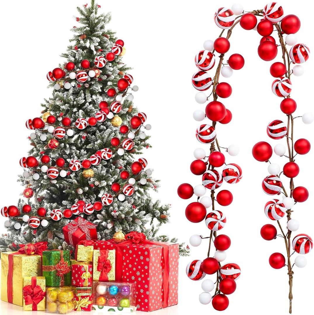 Jutom 6Ft Christmas Ball Garland Ornament Bauble Christmas Tree Bulb Shatterproof Garland Decoration Red White Candy Color Shining Holiday Xmas Mantel Stair Doorway Hanging Indoor Outdoor Festival