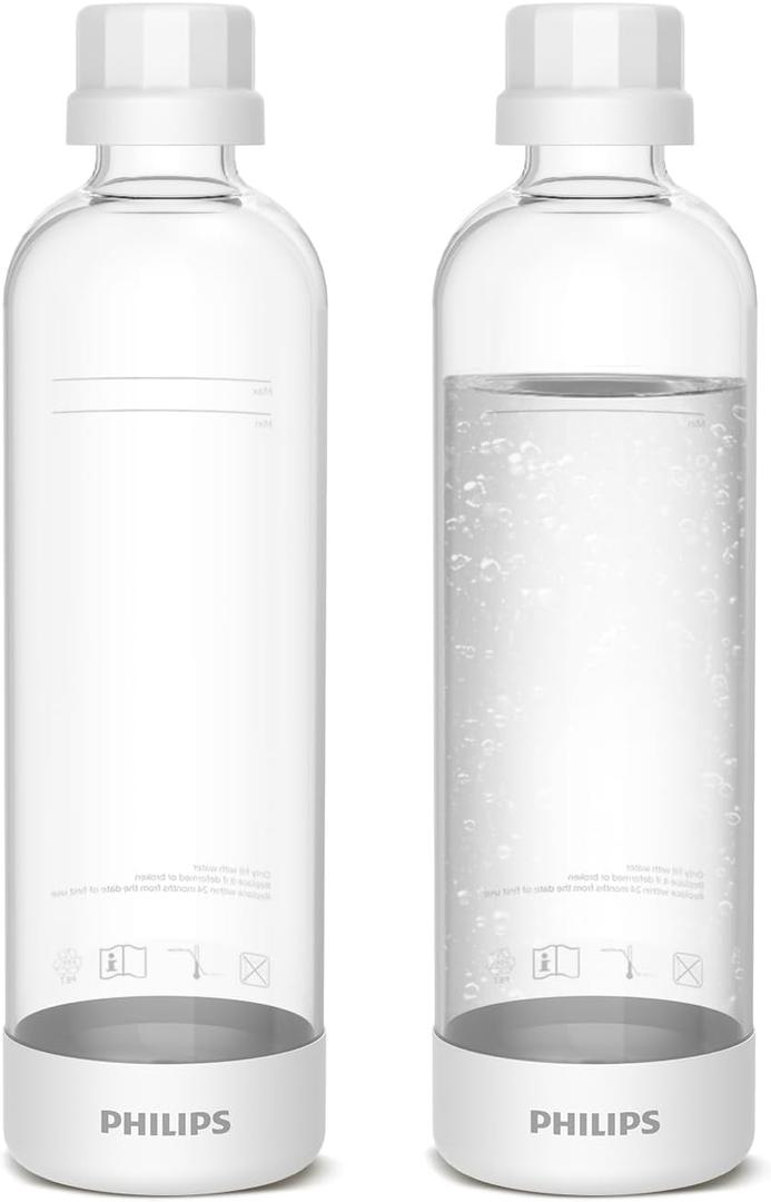 PHILIPS Carbonating Bottles ADD910WHOQ/37, 1L Twin Pack Reusable PET Water Bottles Compatible Sparkling Water Maker, 2 Pack for ADD4902BKOQ/37, ADD4902WHOQ/37 and ADD4901GROQ/37, ADD4901BKOQ/37 (White)