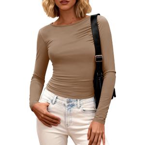 BTFBM Womens Tops 2025 Fall Clothes Long Sleeve T Shirts Boat Neck Ruched Slim Fit Casual Stretchy Going Out Outfits (M)