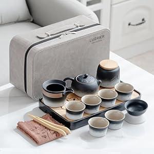 LURRIER Gongfu tea sets, Portable Ceramic TeaSet, Asian Tea sets for adult, Tea Gift sets, Grey leather case, Portable Travel Bag, Home, Gifting, Outdoor and Office(XBlack and White)