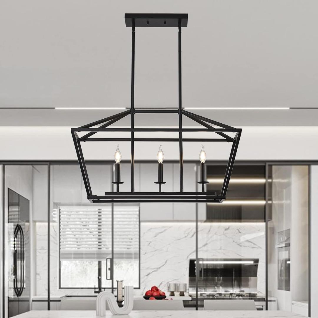 XILICON Dining Room Light Fixtures Over Table, 3-Light Black Farmhouse Chandelier Light Fixture Black Industrial Linear Pendant Lights Kitchen Island Candle Lantern Chandelier