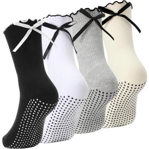 Jeyiour 4 Pairs Cute Pilates Grip Socks for Women, Ruffle Non-slip Grippy Yoga Socks with Bow for Gym Ballet Workout (Neutral)