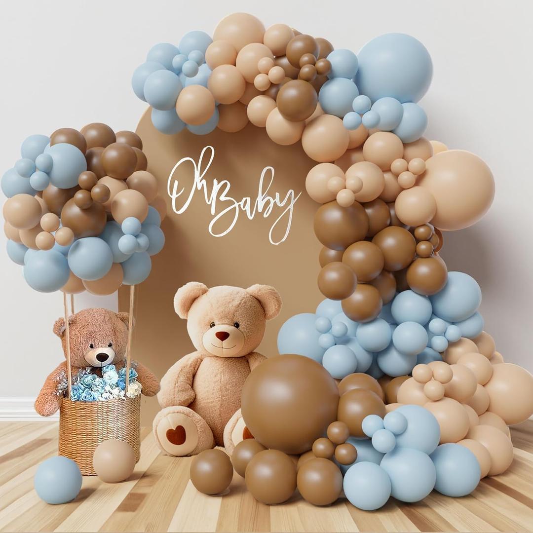 Bear theme Balloon Arch Kit Light Blue beige Tan and Brown Globos cream Ballon garland for Baby Shower Boy Decorations Gender Reveal Party Woodland Backdrop Supplies