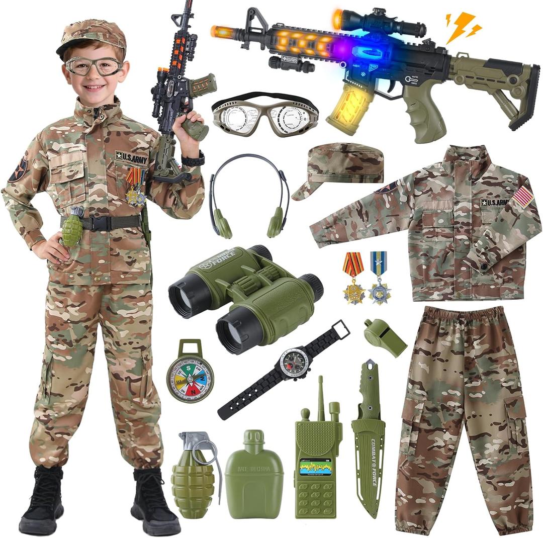 Kids Army Costume for Boys, Solider Boy Dress up, Halloween Costumes for Boys (L: 9-11Y, 17pcs)