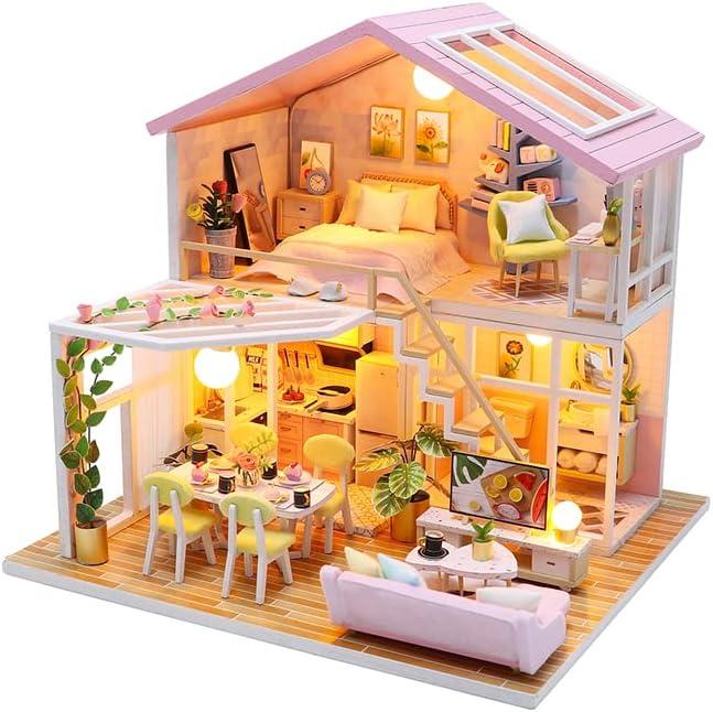 DIY Miniature House Kit, Tiny House Kit with Furniture & LED, DIY Wooden Dollhouse Miniature Kit for Adults Teen, Wooden Crafts Lovely Dollhouse Kit, Home Decor - Sweet Time