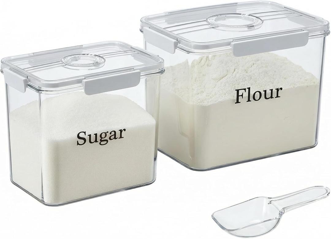 2 Pack Flour Sugar Storage Container,Plastic Food Storage Containers with Airtight Lids,Canisters Sets for The Kitchen,Sugar,Flour,Cereal,Baking Supplies,Rice,Pantry Organization Bin(5.2&2.9L)
