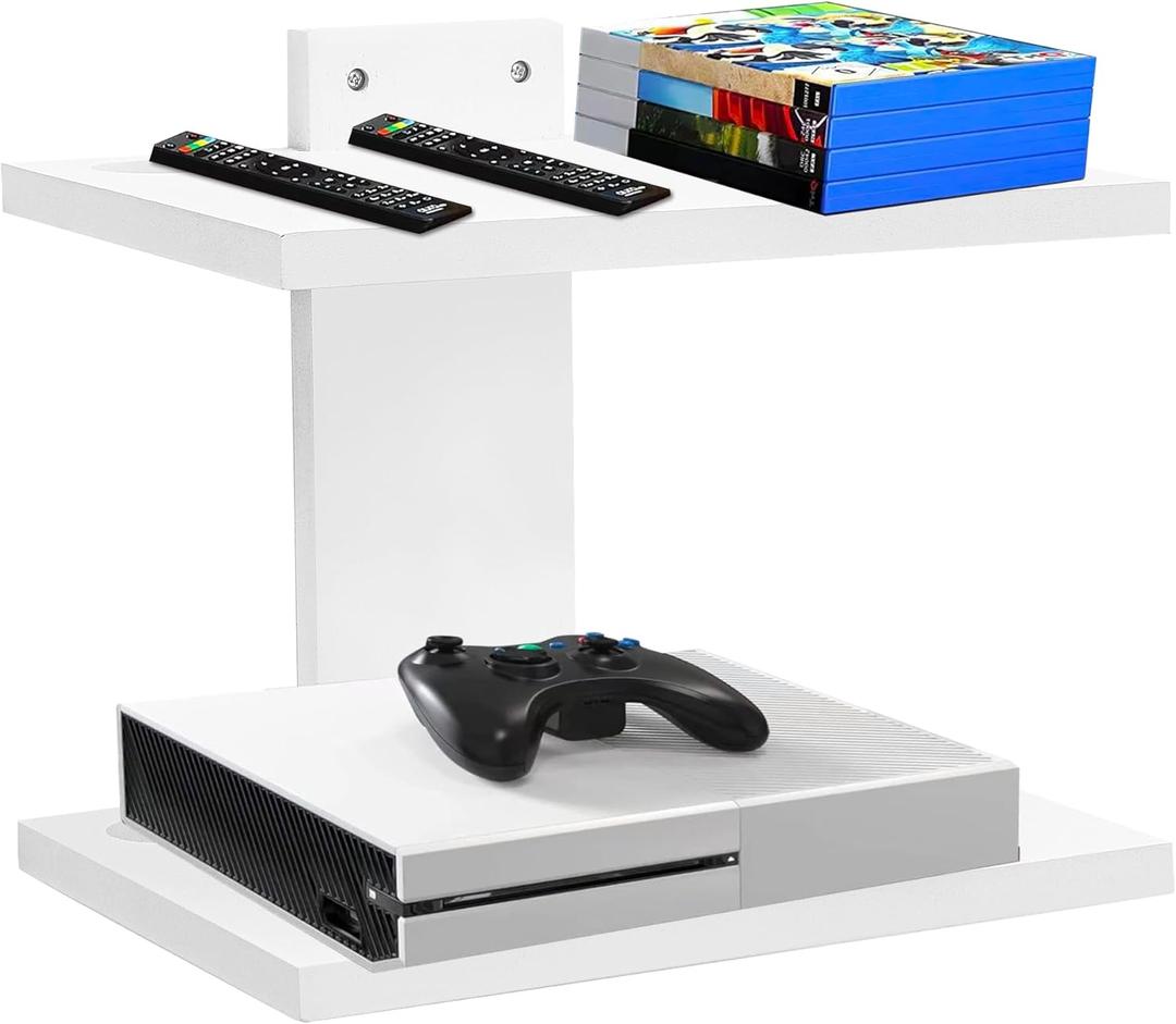 Floating Projector Wall Mount TV Shelf,Wooden Wall Mounted Under TV Floating Shelf for Projector, PS5, DVD Player,Game Console, Cable Box,2TiersWhite