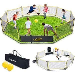 Gaga Ball Pit Portable: 15FT 3in1 Gaga Pit with Basketball Hoop and Soccer Goals - Play System for Kids 4 to 12 Years Old Indoor Outdoor for Backyard School Camp Activities (15ft-yellow&black)