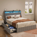 Full Size Bed Frame with LED, 4 Drawers, Wings Headboard Design, Light Grey