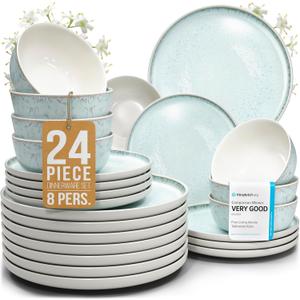 24 Piece Dinnerware Sets for 8 - Modern Style Stoneware Dinnerware Set - Microwave Safe Dinner Plates and Bowls Sets for 8, Ceramic Dish Set, Bowl and Plate Sets for 8, Beige Light Blue Set for 8
