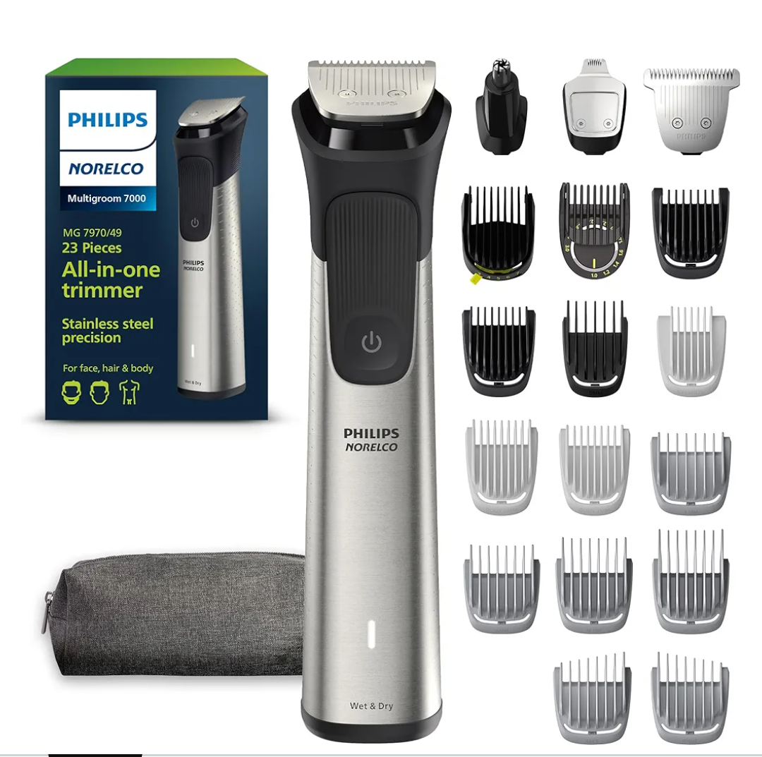 Norelco Philips All-in-One 7000 Series 23-Piece Trimmer - Electric Shaver and Clipper for Face, Beard, Head & Body, Self-Sharpening Titanium Blades, 26 Length Settings (0.5-16 mm), MG7970/49