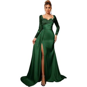 Mermaid Satin Prom Dresses for Women 2026 Long Sleeve Sequin Formal Dress Sparkly Evening Party Gowns with Slit (Green)