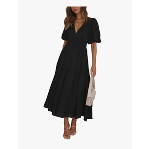 Lucrosun Women's Summer V Neck Short Puff Sleeve A Line Tiered Midi Dress Small