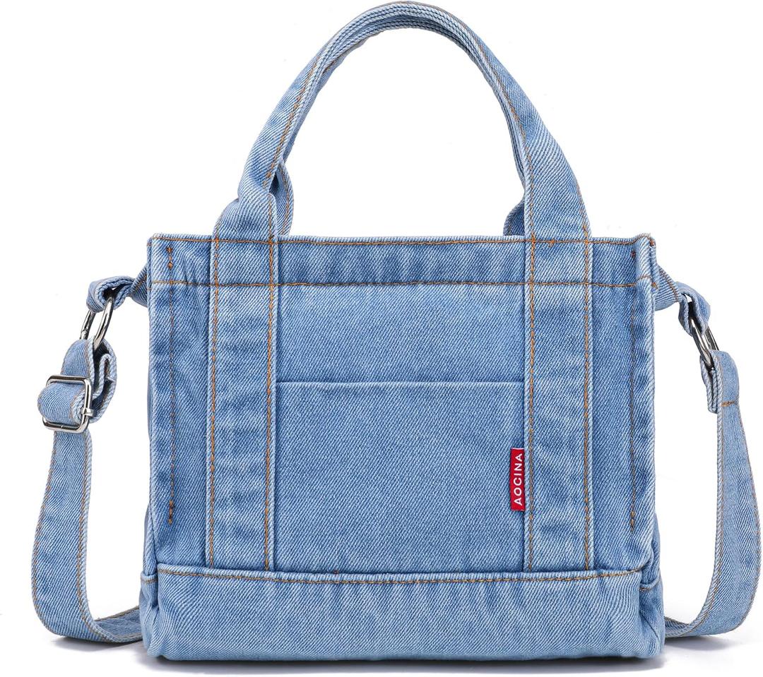 AOCINA Denim Purse Jean Tote Bag for Women Crossbody Shoulder Weekend Bags Denim Purses and Handbags for Women (Large, E-delft Light Blue)