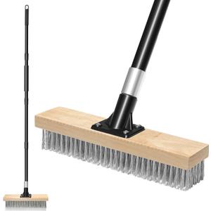 Stainless Steel Wire Scrub Brush with Long Handle, Heavy Duty Stiff Metal Broom Scrubber, Outdoor Moss Removal for Concrete Floor, Deck, Garden, Patio, Roof, Brick, Garage, Swimming Pool