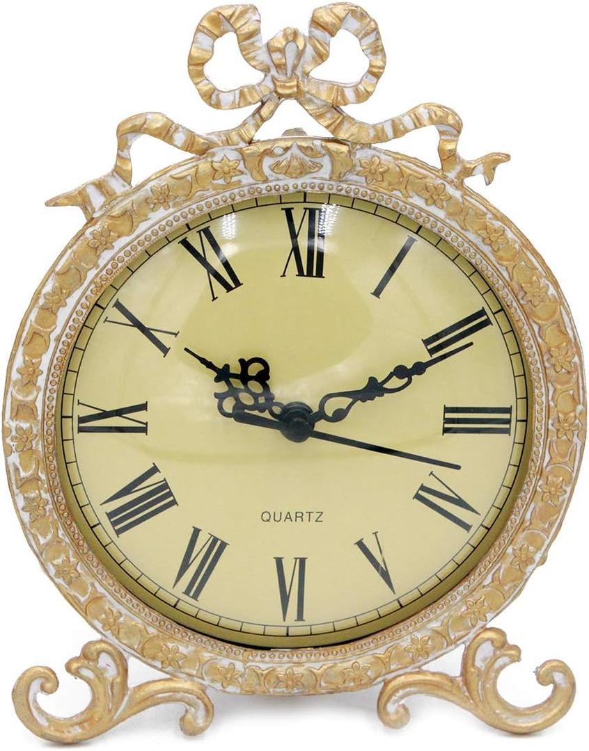 Funly mee Vintage Pewter Table Clock with Antique Golden BowPlexiglass Shell