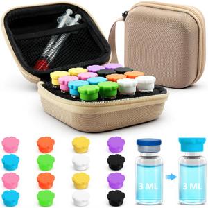 16 Slots Insulin Vial Protector Case and 1-3ml Peptide Vial Caps Storage Combo Pack, Insulin Vial Organizer Bag for Diabetics Standard 3ml 2ml 1ml Vials, Includes Vial Caps (8 Colors, 16 Pcs)