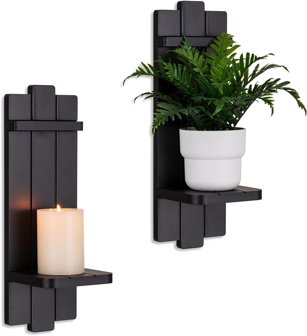 Candle Sconces Black Wall Decor Set of 2 - Wood Wall Candle Holders Set of Two for Small Vase Pillar Candles Tealight - Gothic Distressed Decor for Halloween
