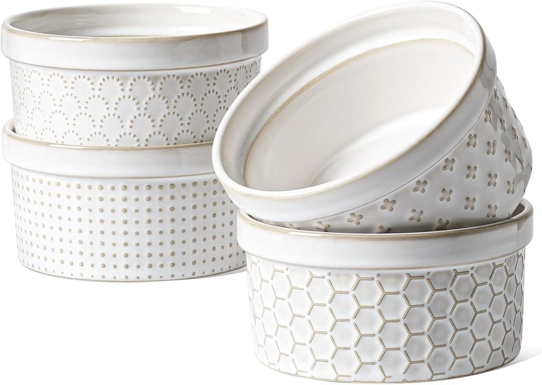 LE TAUCI Ramekins 12 oz, Ramiken for Creme Brulee, Souffle, Dipping Sauce, Ceramic Embossment Housewaming Present -4.8 inch, Set of 4, Arctic White