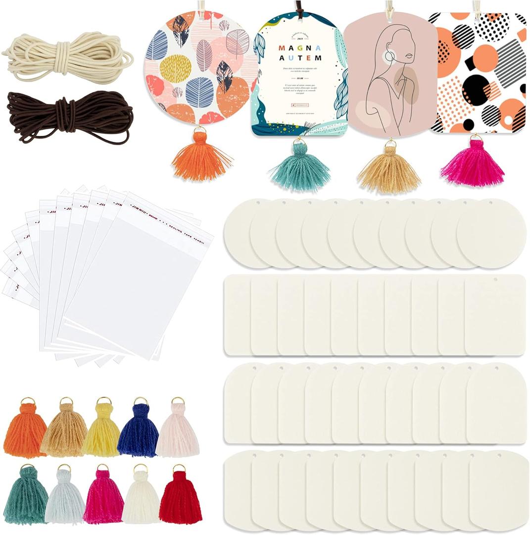 Temlum 40 Pcs Sublimation Air Freshener Blanks with 40 Pcs Tassels, Elastic Rope, Clear Bag, Sublimation Blanks Products DIY Air Freshener for Car, Home Hanging Decoration Sublimation Accessories