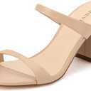 Mule Heels for Women Round Open Toe, Two Strap Heeled Sandals, 3-Inch Stable Chunky Block Heels, Summer Dress Daily shoes, Size 7, Biege