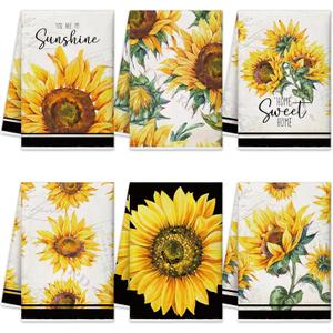 Oudain Sets of 6 Sunflower Kitchen Towels Spring Summer Flower Floral Sunshine Dish Hand Tea Towels Vintage Dishcloths Kit Novelty Gifts for Party Holiday Supply Bathroom Housewarming