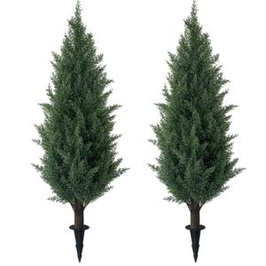 3FT Artificial Cedar Topiary Trees with Ground Spike, UV Resistant Artificial Bushes, Set of 2 Faux Cypress Plants Faux Shrubs for Outdoor Indoor Front Porch Garden (Dark Green)