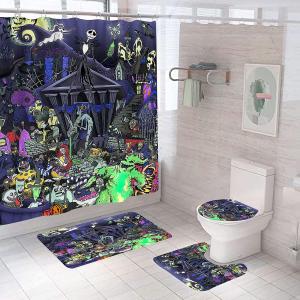 DDS-DUDES 4Pcs Christmas Shower Curtain Sets Kids Bathroom Halloween Decor with 12 Curtain Hooks for Bathroom, Waterproof 71 x 71 inch (D0025) (Light Purple Blue)