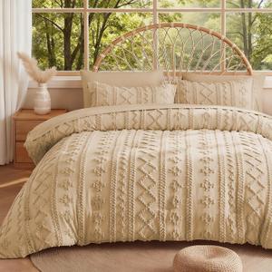MR&HM Queen Comforter Set 7 Pieces, Fluffy Tufted Boho Beddding Set Khaki | Shabby Chic Farmhouse Bed Set, All-Season Soft Microfiber Bed in a Bag Comforter with Sheets, Pillow Shams & Pillowcases