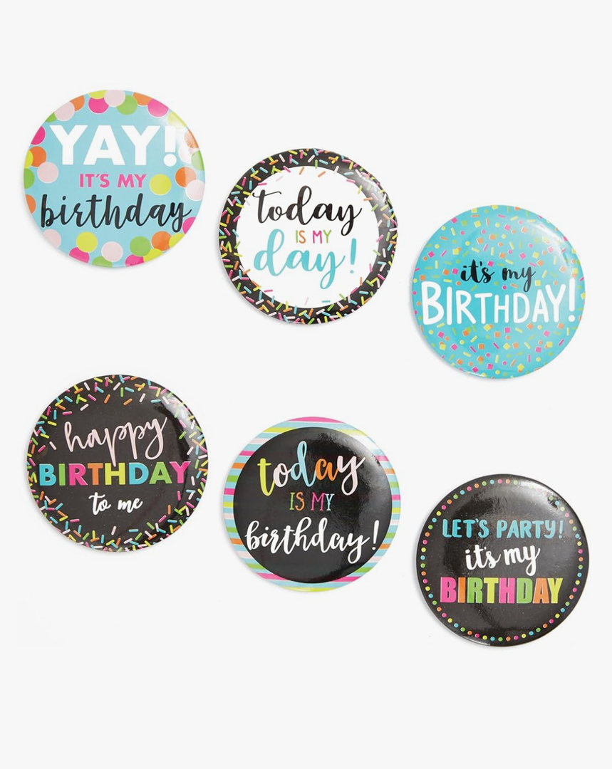 BLUE PANDA Happy Birthday Pinback Party Buttons - Birthday Pins Pack - Celebration Button Set (2.25 Inches, 6 Designs, 24-Pack)