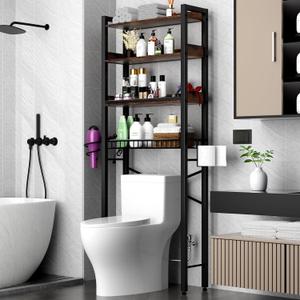Over The Toilet Storage Cabinet,4 Tier Bathroom Organizers and Storage With Adjustable Shelf Waterproof Feet Pad and Basket ,Multifunctional Space Saver Freestanding Bathroom Shelves With Dividers (Brown)