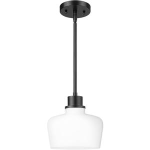 Emak Modern 8 Inch Black Pendant Light, Farmhouse Pendant Lighting with Milk Glass Shade, 1 Light Hanging Light Fixture for Kitchen Island, Dining Room, Bathroom, Bedroom, PL122-BK-ML