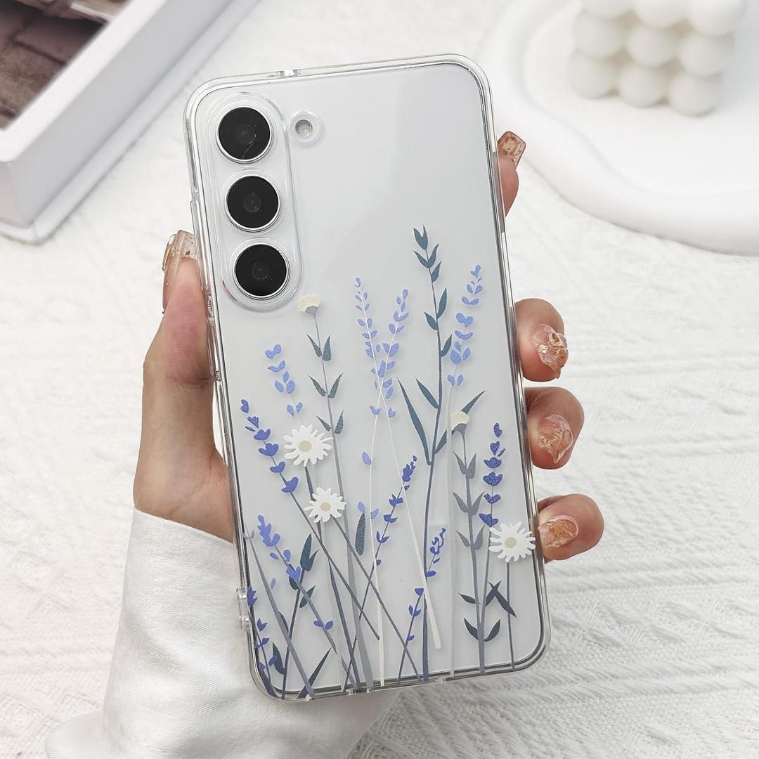for Samsung Galaxy S23 Case, Floral Flowers Cute Aesthetic Clear Lavender Pattern Case for Women Girls,Transparent Slim Soft Shockproof Cover for S23,Purple Lavender
