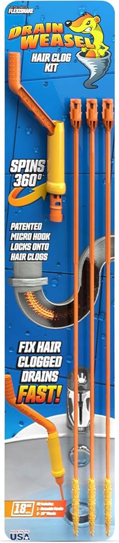 FlexiSnake Drain Weasel Sink Snake Hair Clog Remover Tool Kit, Sink, Pipe, Bathroom, Bathtub Drain Cleaner, 18-inch Long, Flexible, Made in The USA, 3 Pack Wand Refills and Removable Handle