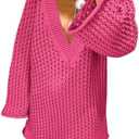 Saodimallsu Women Crochet Cover Up Long Sleeve Deep V Neck Hollow Out Sweater Oversized Beach Mini Dress Bathing Suit Coverup XXL
