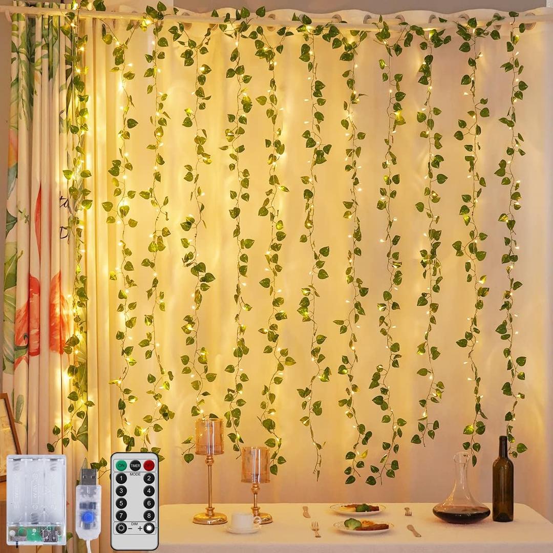 Opvande Lightd 12 Pcs Fake Ivy Vines Curtain String Light 240 LED, 8 Mode & Timer Green Hanging Fake Plant for Bedroom Wall Hanging Garden Home Room Jungle Party Indoor Outdoor