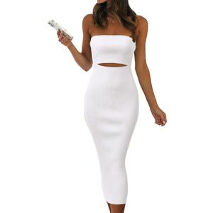PRETTYGARDEN Women's Summer Midi Bodycon Dress Strapless Cut Out Knit Tube Long Fitted Dresses (Medium, Solid White)