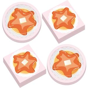 50PCS Pancakes and Pajamas Birthday Party Plates Napkins Girls Pink Night Sleepover Disposable Dessert Cake Dinnerware Breakfast Pajama Table Supplies for Brunch Slumber 25 Guests Parties Decorations