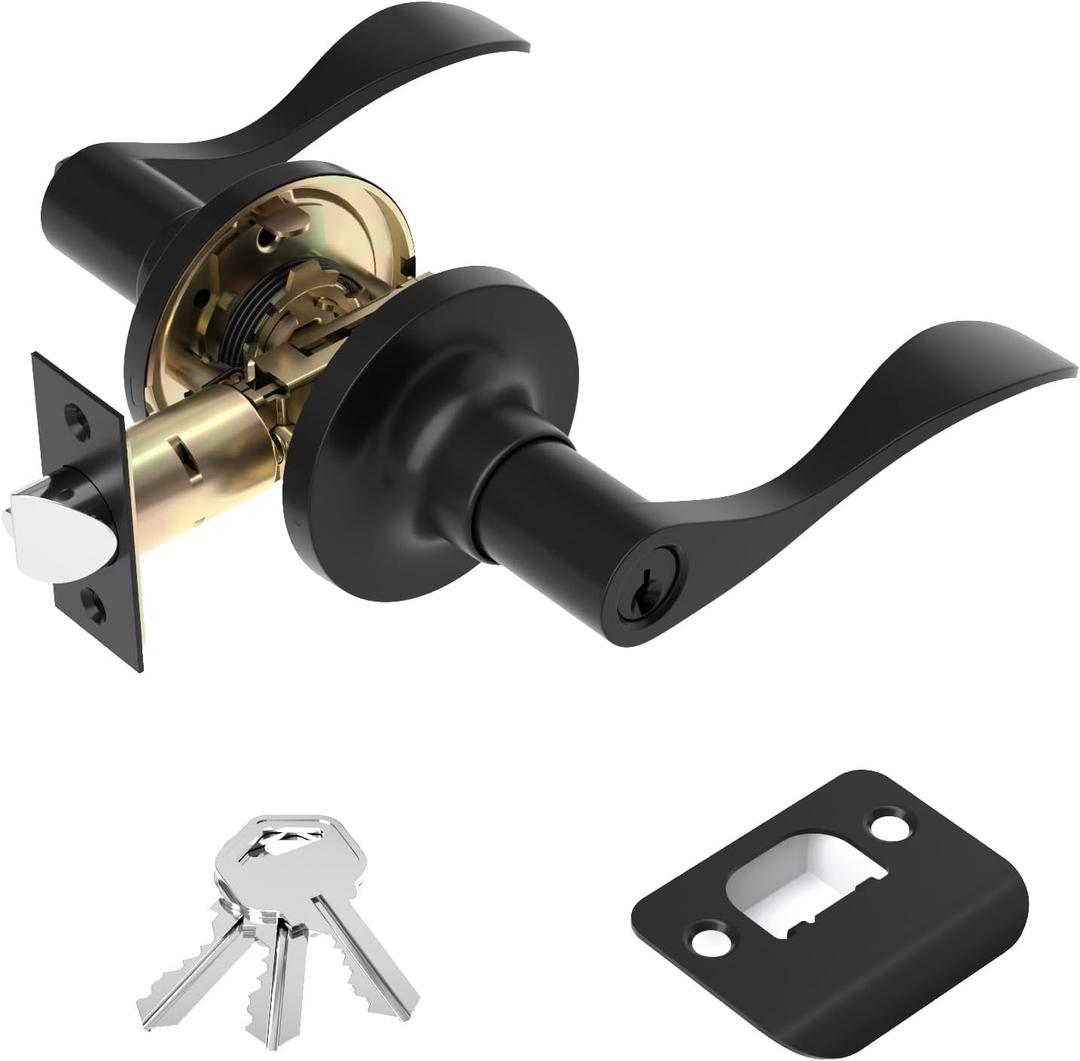 Entry Exterior Door Handle with Turn Lock,Matte Black Door knobs Exterior Door Lock Set,Bedroom Door Locks Lever Door Handle,1 Pack
