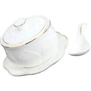Unomor Ceramic Stew Pot with Lid Small Soup Bowl Set Elegant Flower Trimmed for Steaming Soups and Desserts Microwave Dishwasher Safe