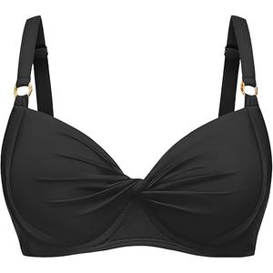 Women's Underwire Bikini Top - Push Up Swimsuit Top Only Twist Front Bathing Suit 2025 Retro Swim Bra (Black, L)