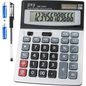 Desk Calculator 12 Digit Extra Large LCD Display, Touch Comfortable with Big Buttons, PXY Two Way Power Battery and Solar Standard Function Office Calculators