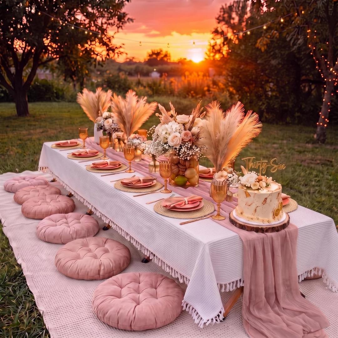 Sintuff Boho Picnic Kit for 6, Portable Folding Low Picnic Table 58.26'' x 23.03'' with Pink Table Runner, Picnic‘s Blanket, 6 Floor Pillows, Tablecloth & Placemats for Baby Shower Camp Wedding Party
