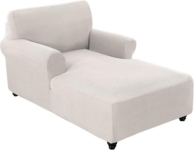 FantasDecor Chaise Lounge Cover Stretch Chair Lattice Slipcover with Armrests for Living Room Bedroom Double Arm Soft Jacquard Fabric Machine Washable, Ivory