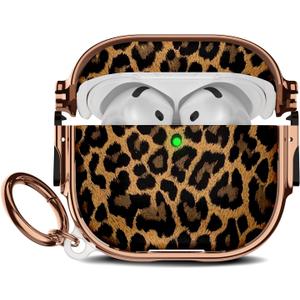 Maxjoy for Cute AirPods 4 Case 2024 with Safety Lock,Compatible Leopard Print AirPod 4th Generation Case for Women Girly with Keychain-Gold