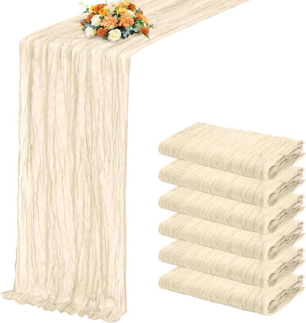 6 Pack Ivory Table Runner 17x108 Inch Cheesecloth Table Runner Boho Gauze Table Runners Romantic Rustic Sheer Fabric Cheese Cloth Table Runners for Wedding Party Baby Shower Birthday Home Decor