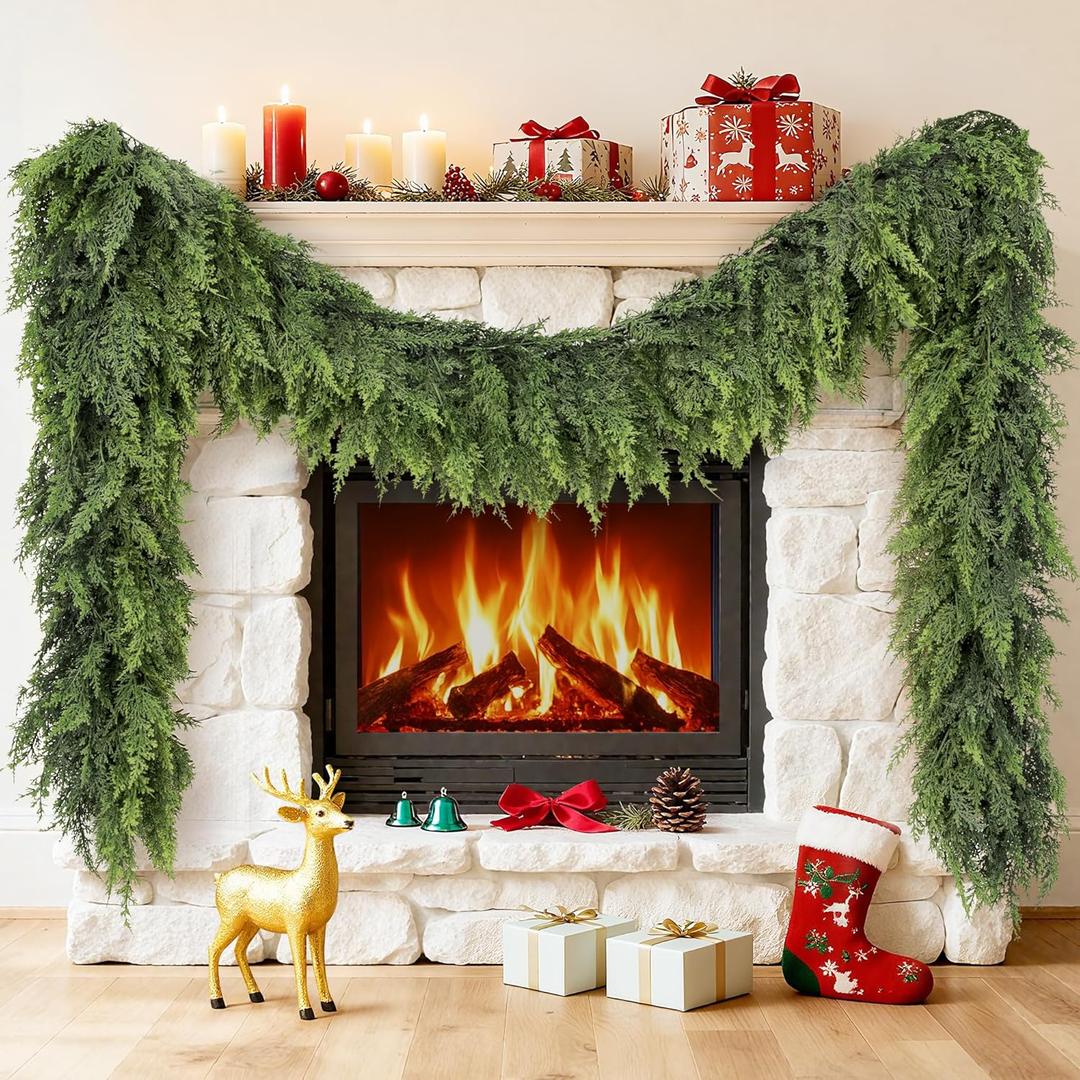 Cedar Garland 9ft Christmas Garland Real Touch Garland Artificial Realistic Greenery Cypress Pine Garlands for Mantle, Fireplace, Stairs,Table, Doorframe Vintage Outdoor Indoor Christmas Decorations