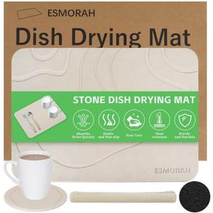 Esmorah Stone Dish Drying Mat for Kitchen Counter with Absorbent Stone Coaster- Quick Drying Diatomaceous Earth Sink Tray, All Natural, Super Absorbent, Heat Resistant, Non-Slip, 16x12 Inch - Beige